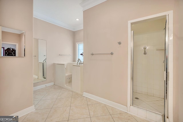 bathroom with a shower with door, tile flooring, and ornamental molding