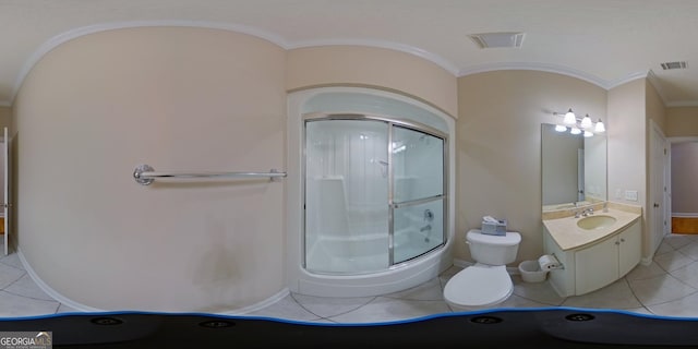 bathroom featuring an enclosed shower, ornamental molding, vanity, and tile flooring