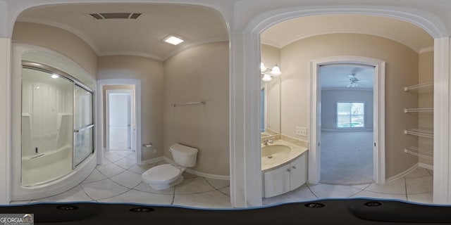 bathroom with toilet, vanity, ceiling fan, and tile flooring