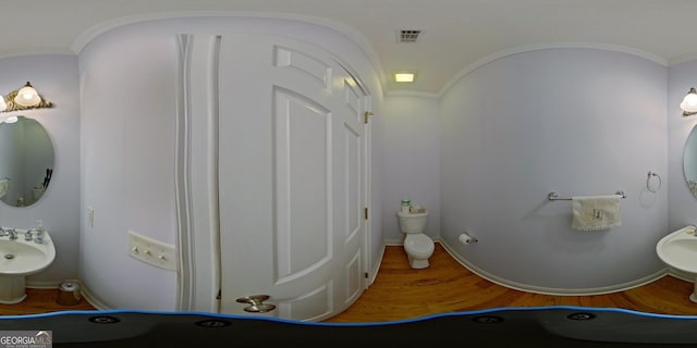 bathroom with ornamental molding, sink, and wood-type flooring