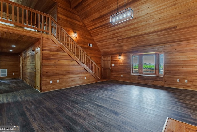 unfurnished living room with high vaulted ceiling, dark hardwood / wood-style flooring, wooden ceiling, and wood walls