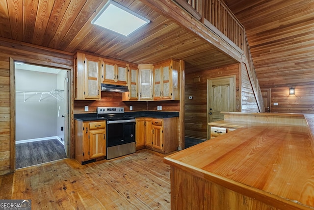 kitchen with stainless steel range with electric cooktop, light hardwood / wood-style floors, wood ceiling, and wooden walls