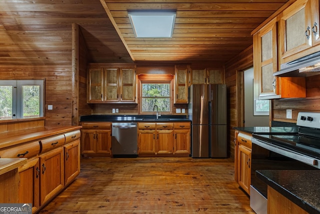 kitchen featuring a wealth of natural light, wooden walls, appliances with stainless steel finishes, and dark hardwood / wood-style flooring