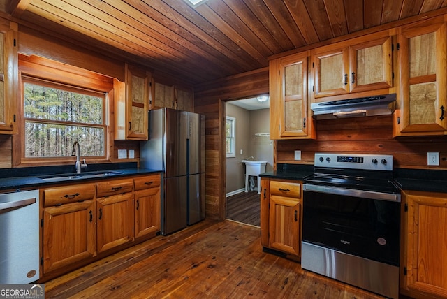 kitchen with dark wood-type flooring, stainless steel appliances, wood walls, sink, and wooden ceiling