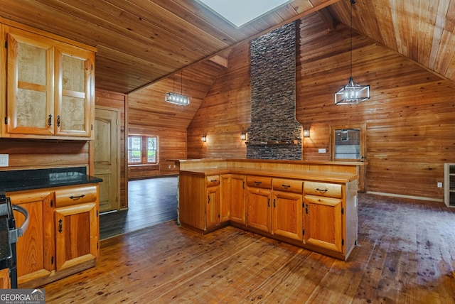 kitchen featuring decorative light fixtures, wooden ceiling, wood walls, kitchen peninsula, and hardwood / wood-style floors