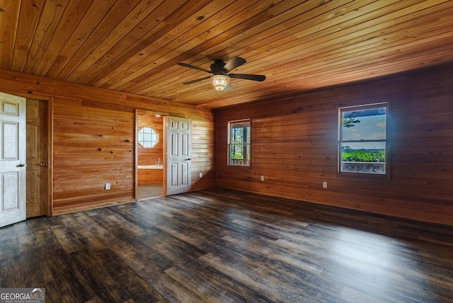 empty room with plenty of natural light, ceiling fan, dark wood-type flooring, wooden walls, and wood ceiling