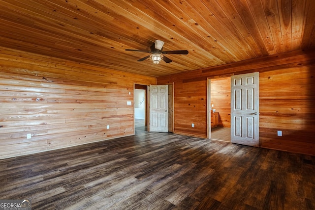 spare room with dark hardwood / wood-style flooring, ceiling fan, wood ceiling, and wooden walls