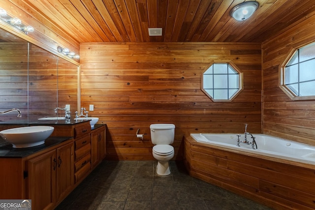 bathroom with double sink, tile floors, wooden ceiling, wooden walls, and oversized vanity