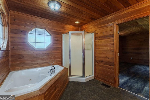 bathroom with wood walls, independent shower and bath, and wood ceiling