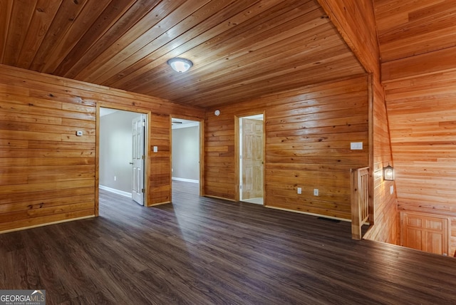 unfurnished room with wooden ceiling, wood walls, and dark hardwood / wood-style floors