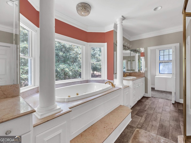 bathroom featuring ornamental molding, vanity, a healthy amount of sunlight, and ornate columns