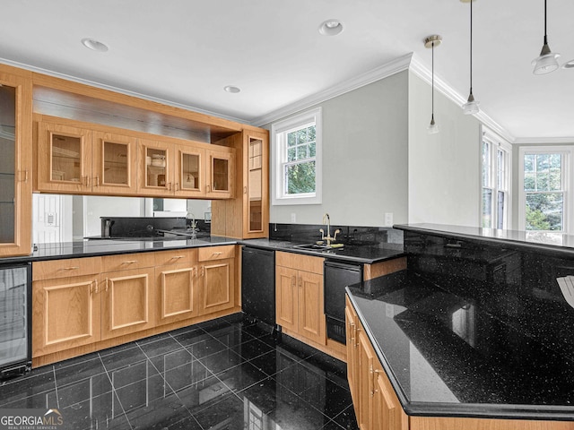 kitchen with pendant lighting, crown molding, dark tile flooring, and a wealth of natural light