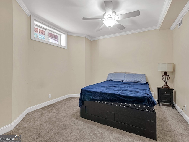 bedroom featuring ceiling fan, light colored carpet, and ornamental molding