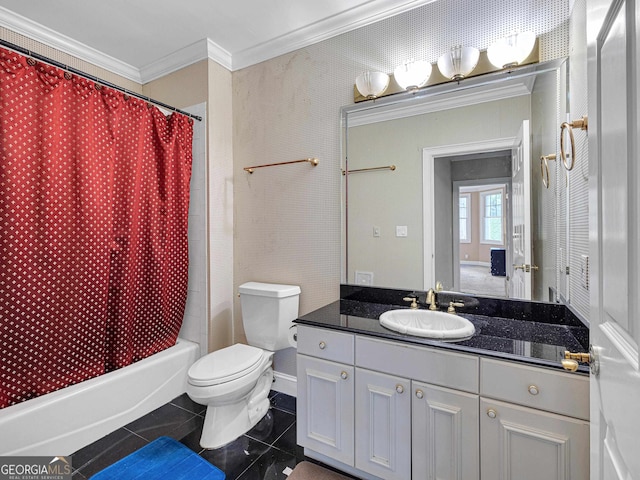 full bathroom with tile flooring, toilet, vanity, ornamental molding, and shower / tub combo with curtain