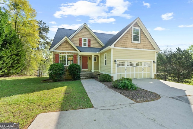 craftsman inspired home featuring a front lawn and a garage