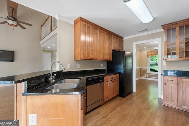 kitchen with sink, ceiling fan, light wood-type flooring, and stainless steel dishwasher