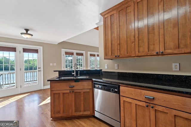 kitchen with sink, dark stone countertops, light hardwood / wood-style floors, and stainless steel dishwasher