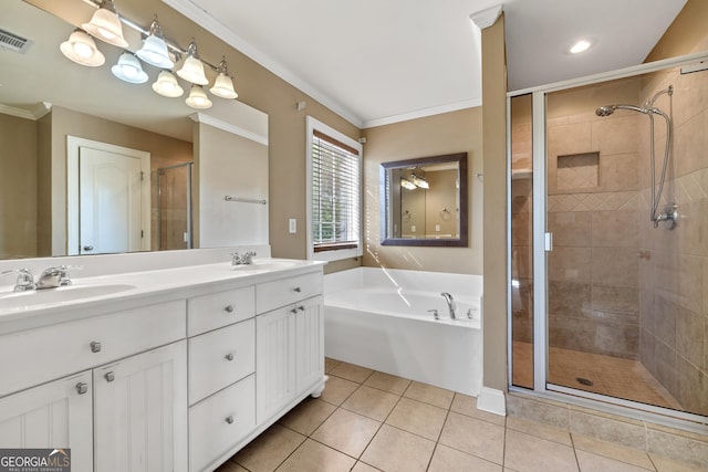 bathroom with separate shower and tub, crown molding, tile floors, and double sink vanity