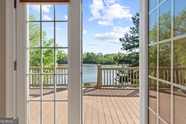 doorway with light hardwood / wood-style floors, a water view, and plenty of natural light