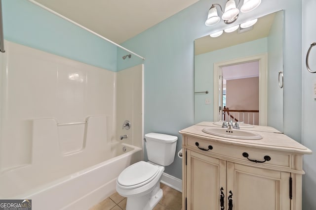 full bathroom featuring oversized vanity, toilet, tile floors, and tub / shower combination