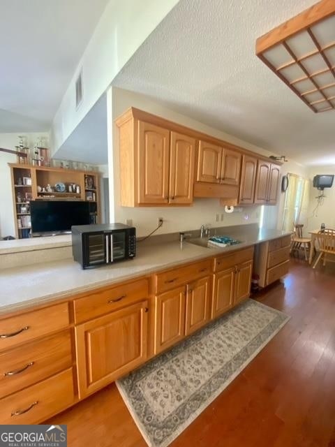 kitchen with sink, hardwood / wood-style floors, and a textured ceiling