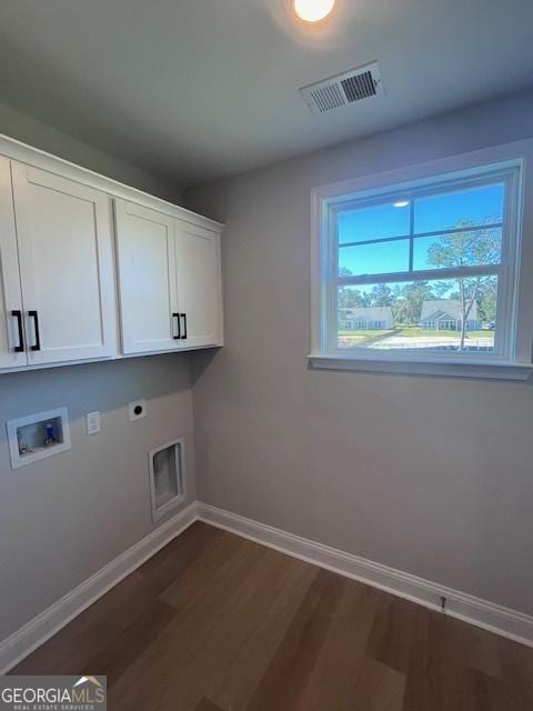 35 Fairwinds Unit 207, Waverly, GA 31565 - laundry room with visible vents, dark wood finished floors, electric dryer hookup, cabinet space, and washer hookup