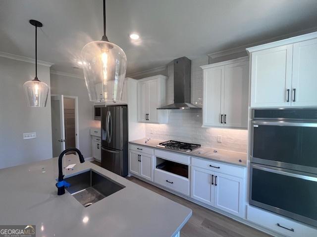 35 Fairwinds Unit 207, Waverly, GA 31565 - kitchen with wall chimney range hood, crown molding, appliances with stainless steel finishes, a sink, and backsplash