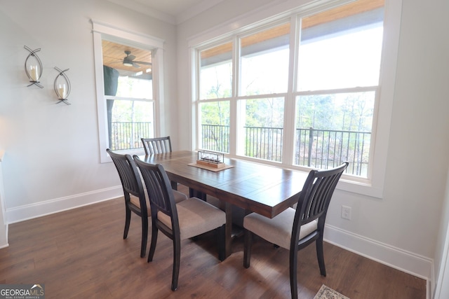 dining area featuring crown molding and dark hardwood / wood-style flooring