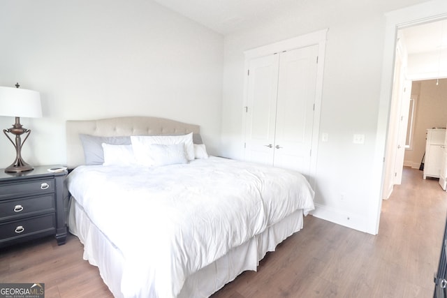 bedroom featuring wood-type flooring and a closet