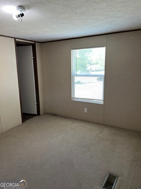 carpeted spare room with a textured ceiling