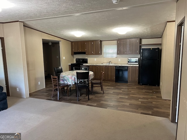 kitchen featuring dark carpet, black appliances, ventilation hood, and a textured ceiling