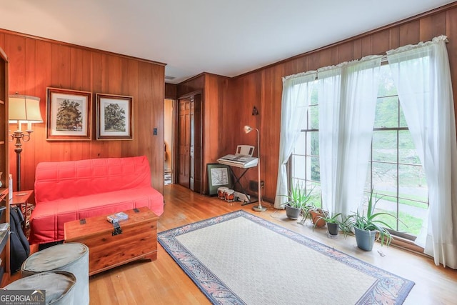 living room featuring wood walls and light hardwood / wood-style floors