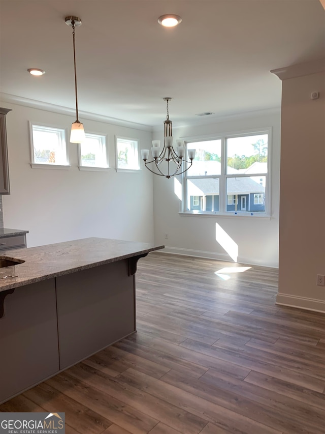 kitchen featuring a healthy amount of sunlight, dark hardwood / wood-style floors, and a kitchen bar