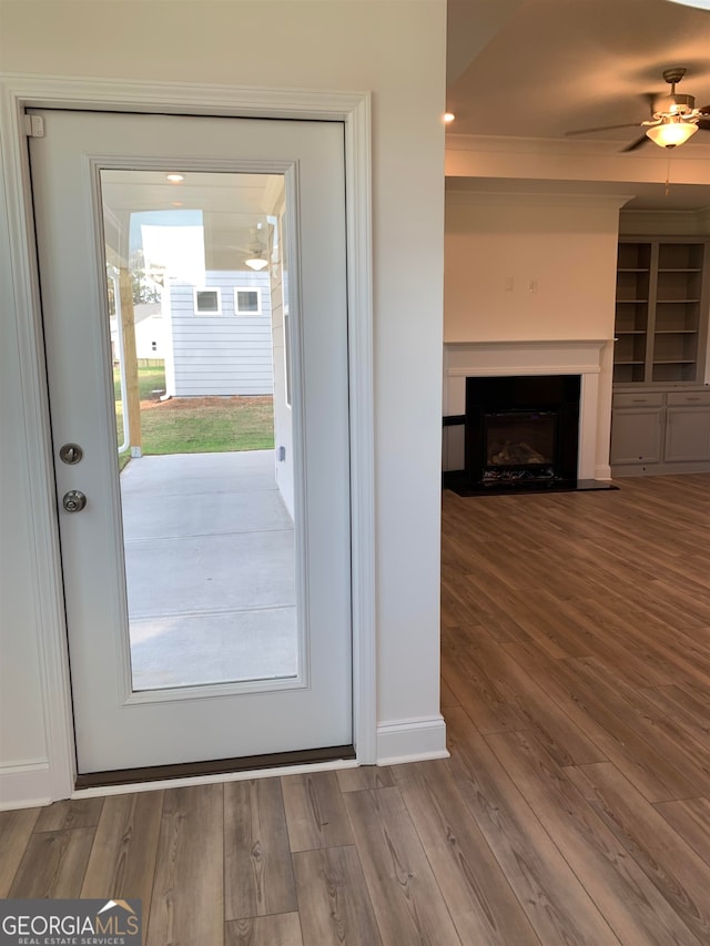 doorway featuring dark hardwood / wood-style floors and ceiling fan