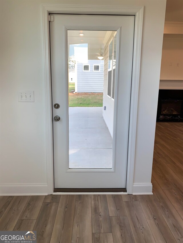 doorway with dark hardwood / wood-style floors