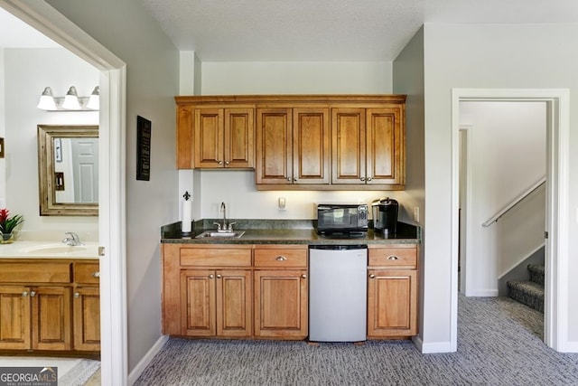 kitchen featuring sink, light carpet, and dishwashing machine