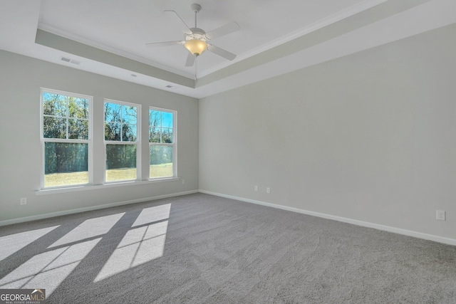 carpeted spare room featuring crown molding, a raised ceiling, and ceiling fan