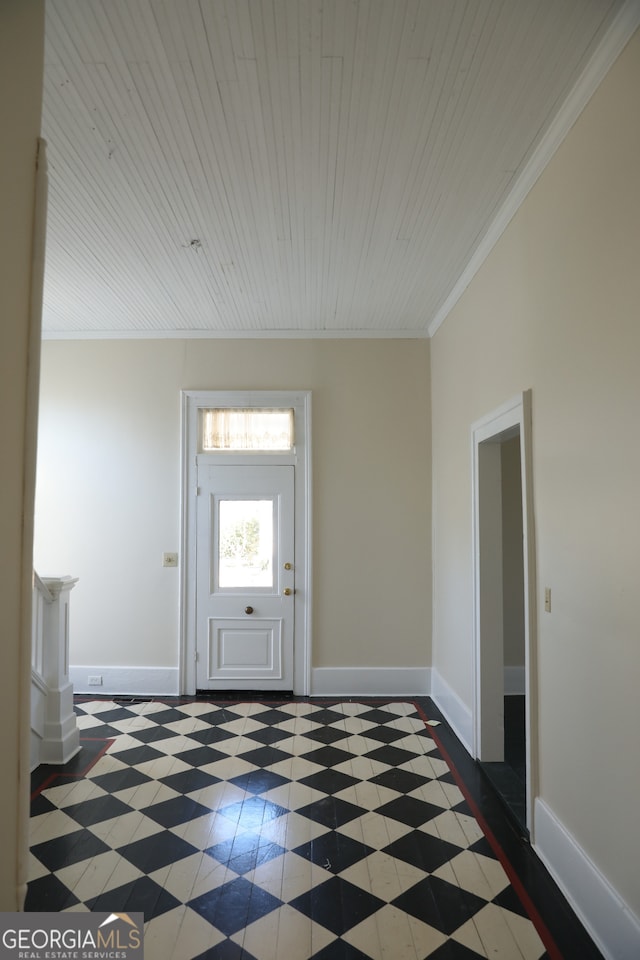 entryway with ornamental molding and wood ceiling