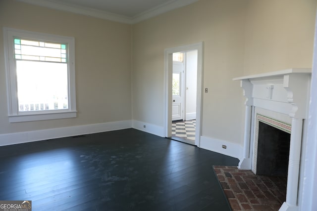 unfurnished living room with dark hardwood / wood-style floors and ornamental molding