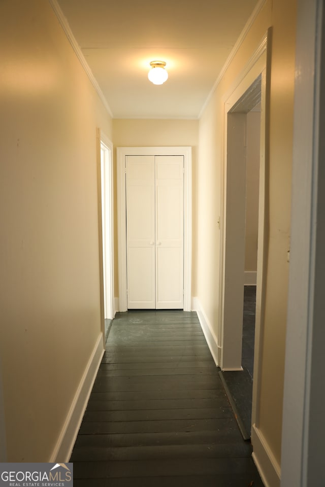 hallway featuring crown molding and dark wood-type flooring