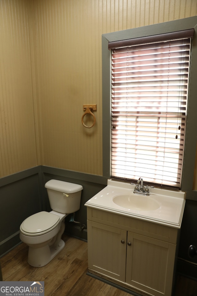 bathroom with hardwood / wood-style flooring, vanity, and toilet