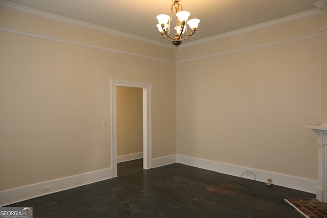 spare room with a chandelier and ornamental molding