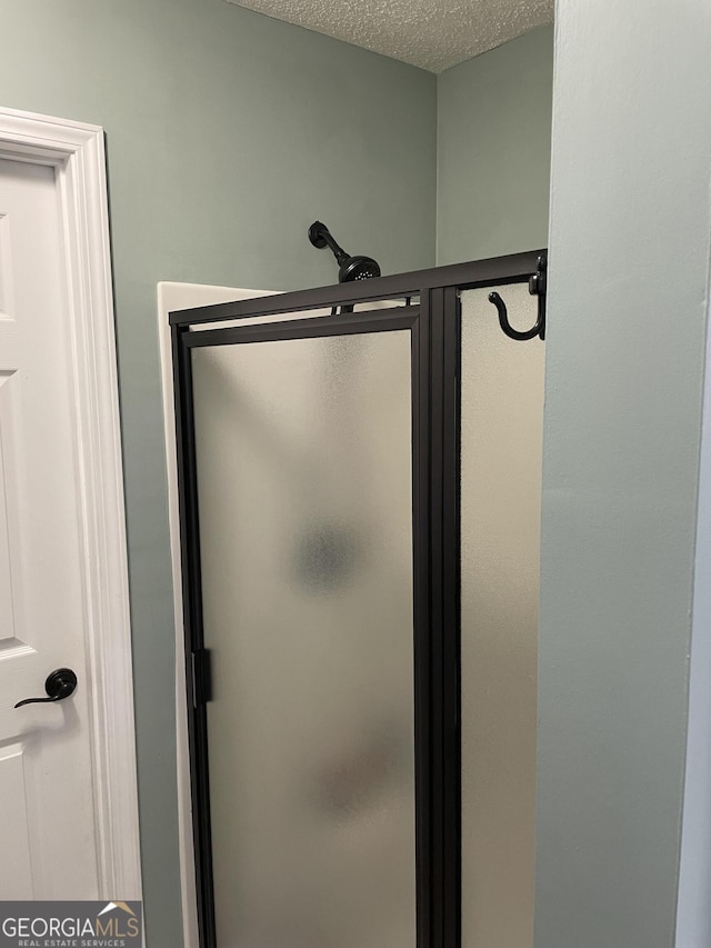 details featuring walk in shower and a textured ceiling