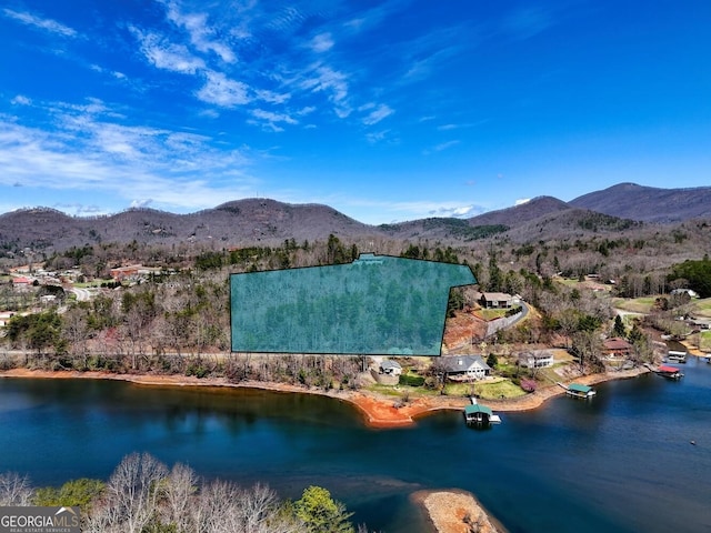 birds eye view of property with a water and mountain view