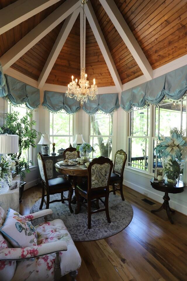 dining space featuring vaulted ceiling with beams, wood ceiling, wood-type flooring, and a notable chandelier