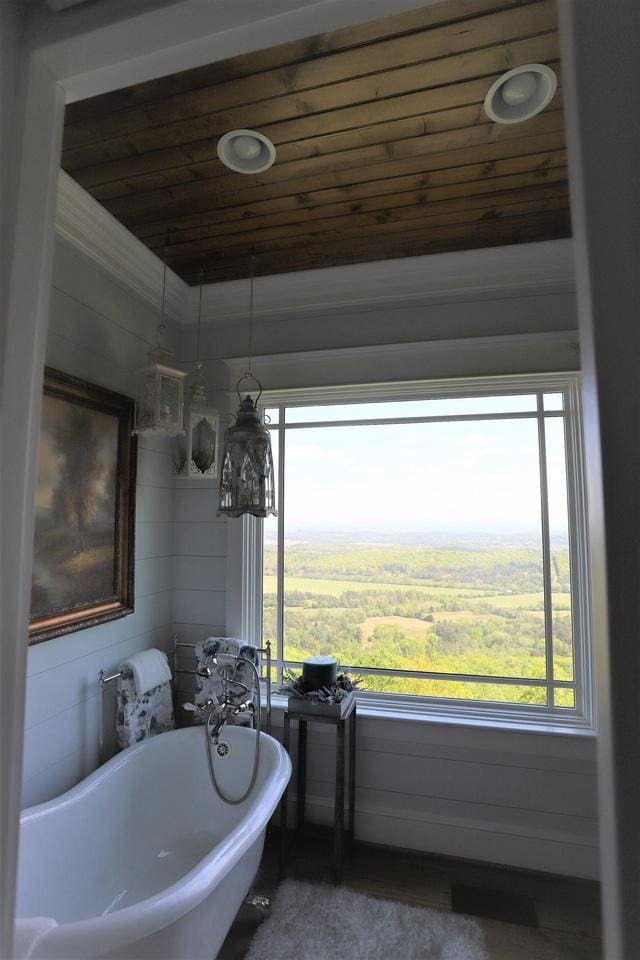 bathroom featuring wooden ceiling, a washtub, and plenty of natural light