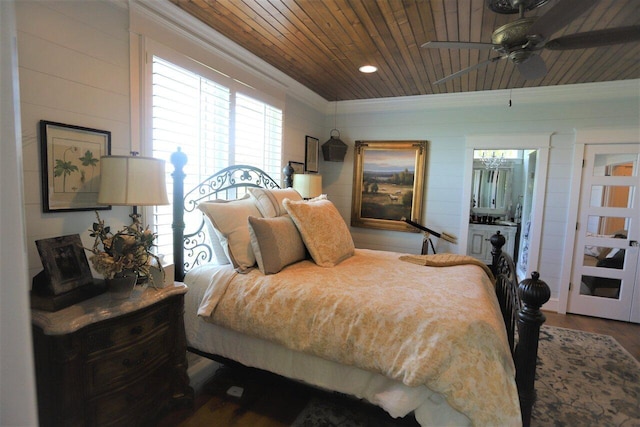 bedroom featuring wood ceiling, ornamental molding, ceiling fan, and hardwood / wood-style flooring