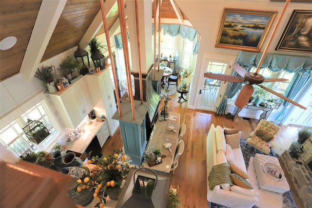 living room with ceiling fan, wood ceiling, beam ceiling, high vaulted ceiling, and hardwood / wood-style flooring