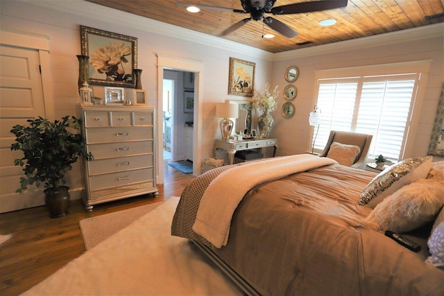 bedroom with wood-type flooring, ensuite bath, ceiling fan, and wooden ceiling