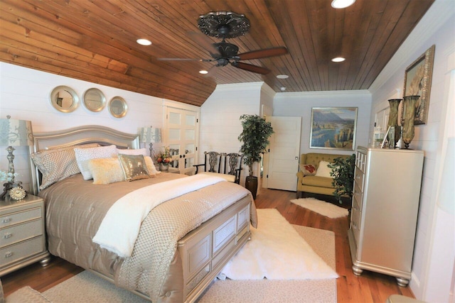 bedroom featuring vaulted ceiling, ceiling fan, wooden ceiling, and hardwood / wood-style floors